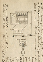 Ink drawing of sketch of Penn's desk and detail of brass handle surrounded by handwritten text.